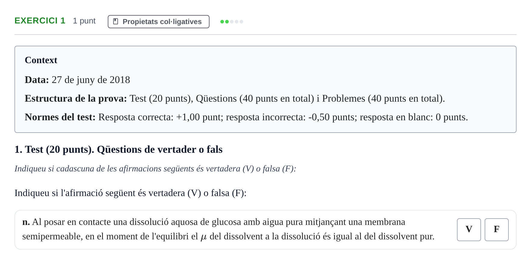 Enunciado: Ejercicio 1 - Propietats col·ligatives · Fisicoquímica I UB Juny 2018