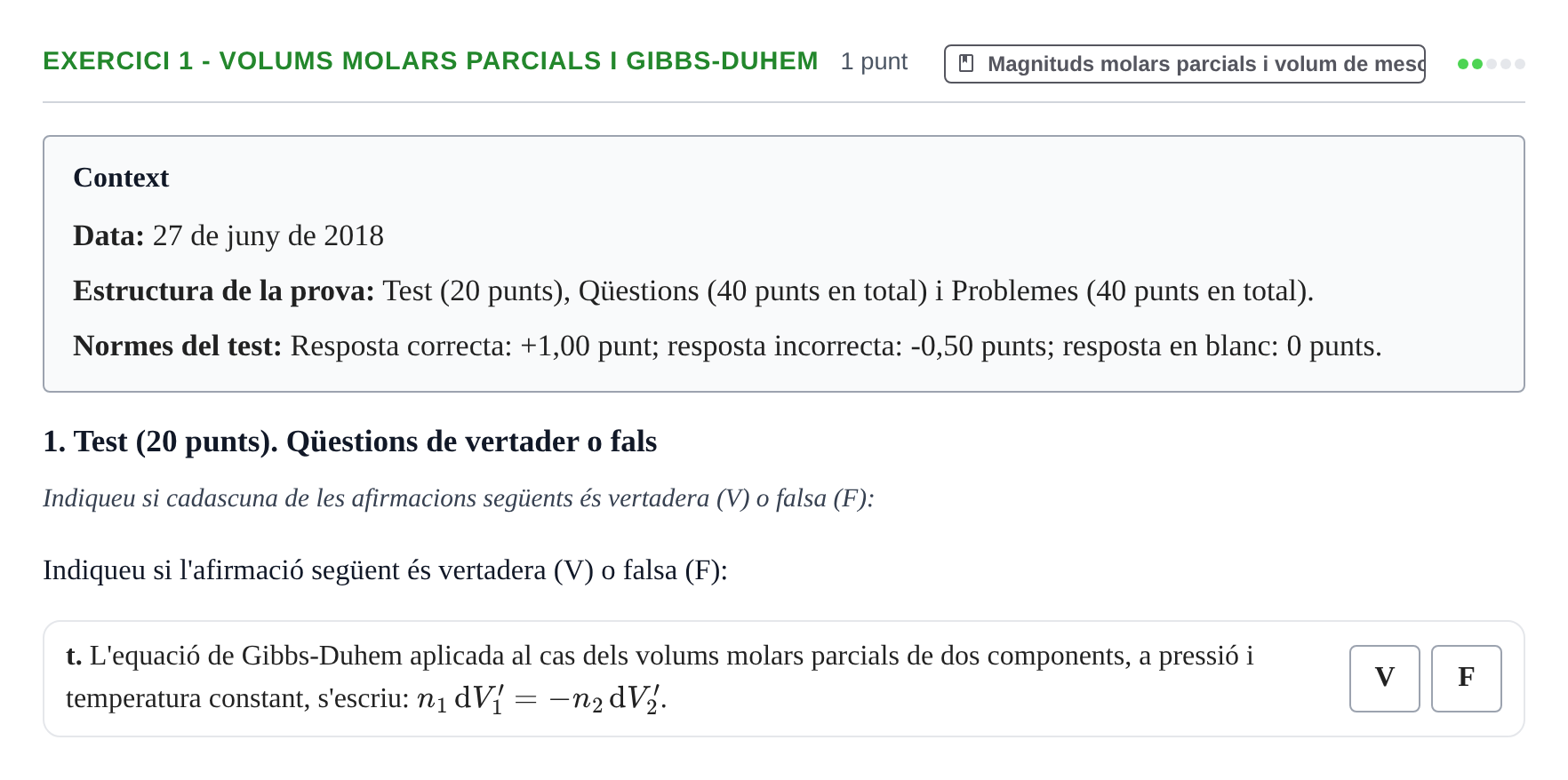 Enunciado: Ejercicio 1 - Volums molars parcials i Gibbs-Duhem · Fisicoquímica I UB Juny 2018