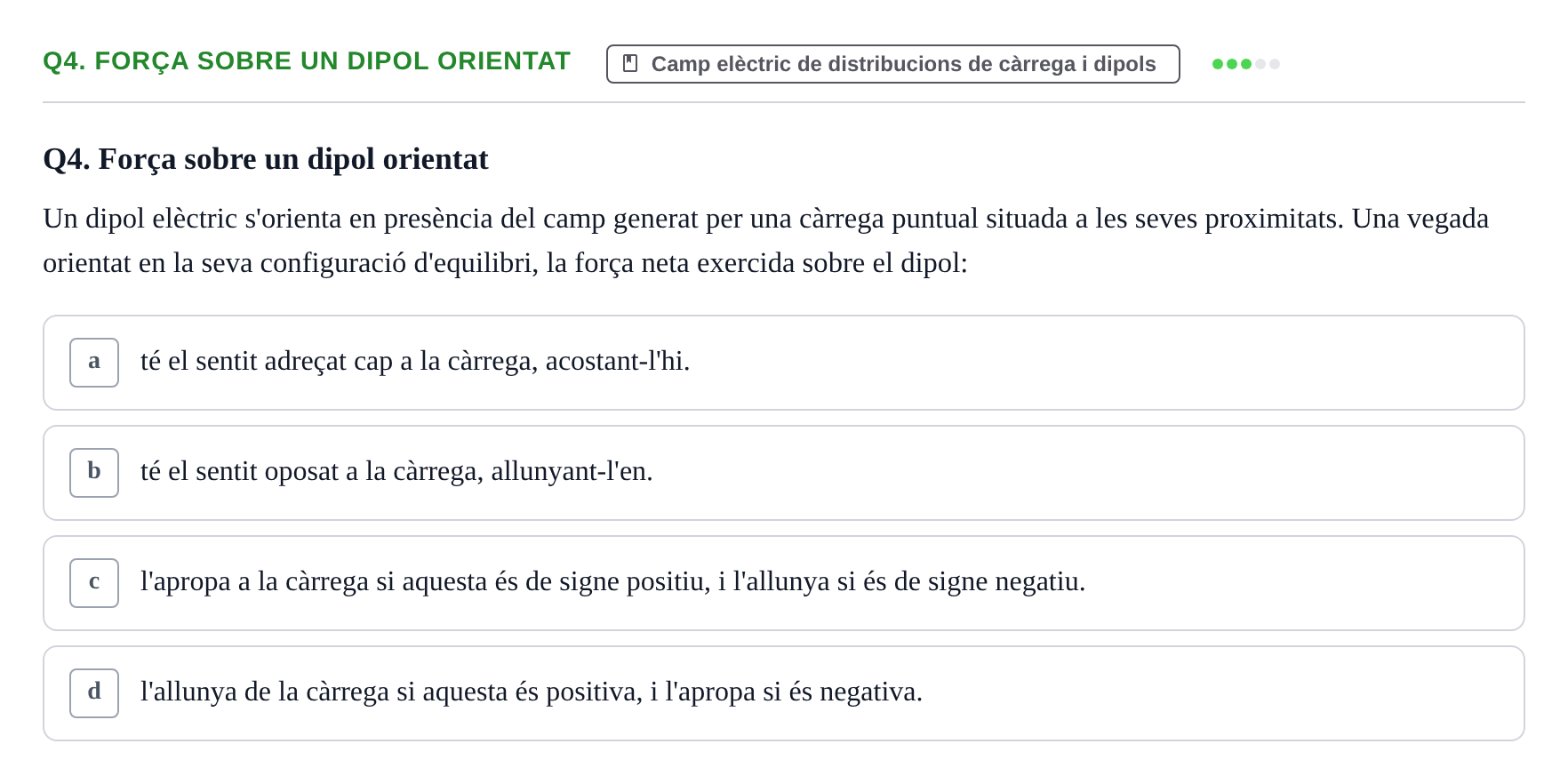 Enunciado: Ejercicio Q4. Força sobre un dipol orientat · Física II UB 2016