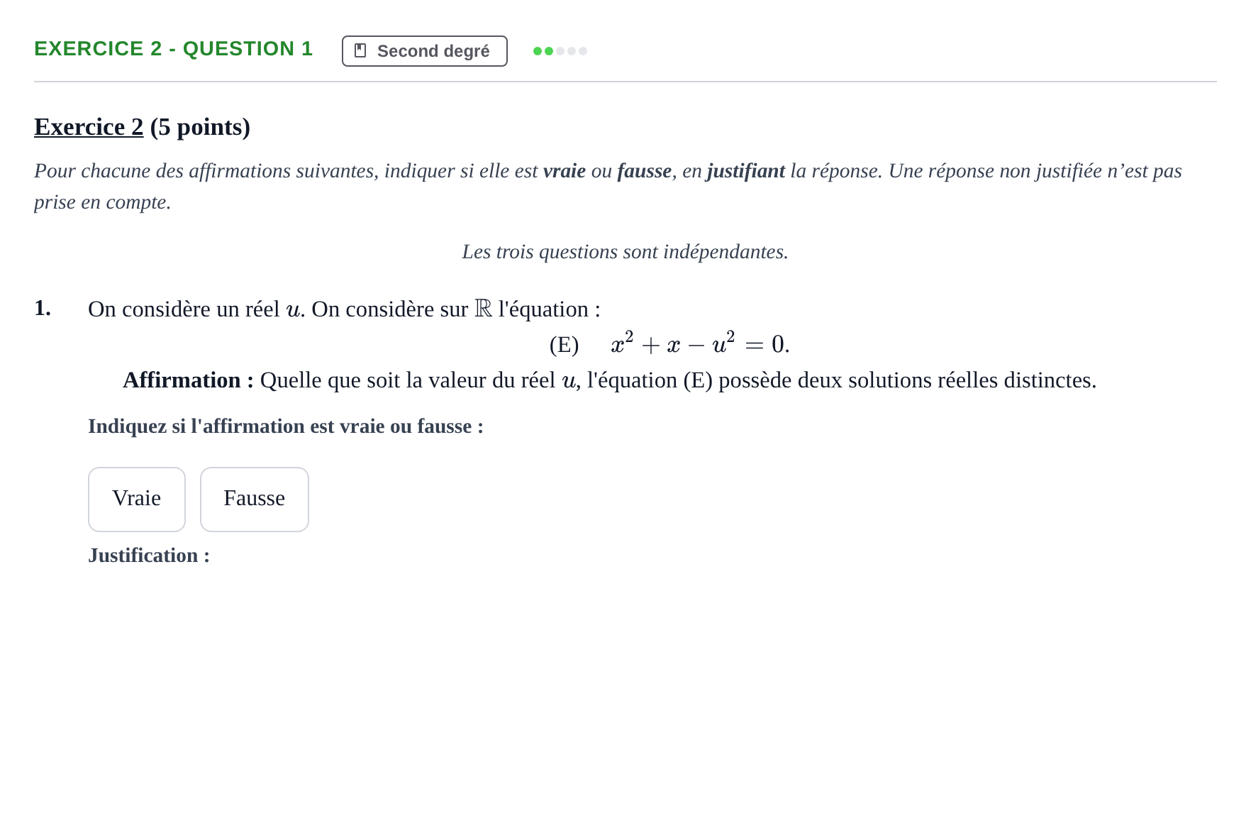 Énoncé: Exercice 2 - Question 1 · Bac Épreuve anticipée de mathématiques (spécialité) Métropole 2026