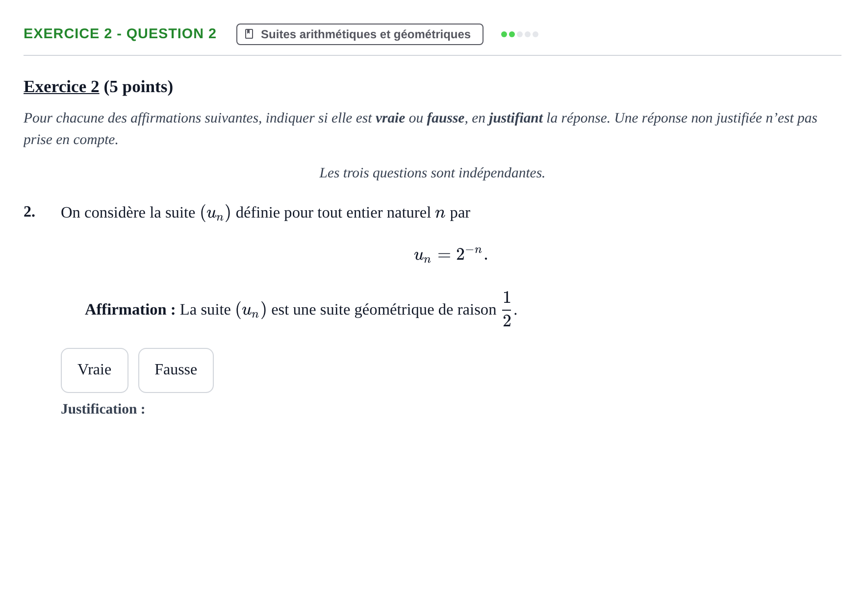 Énoncé: Exercice 2 - Question 2 · Bac Épreuve anticipée de mathématiques (spécialité) Métropole 2026