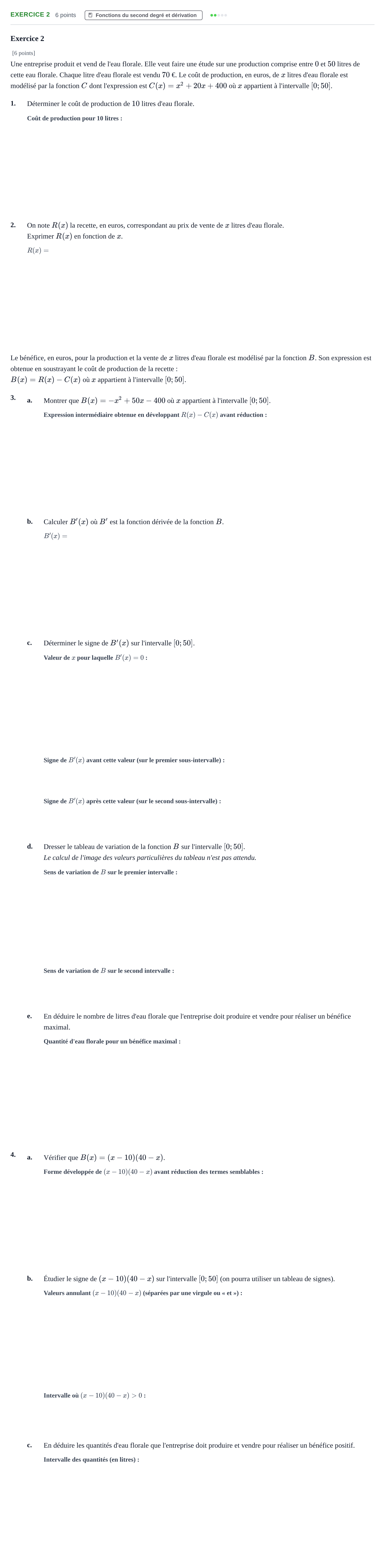 Énoncé: Exercice 2 · Bac Épreuve anticipée de mathématiques (sans spécialité) Métropole Secours 2026