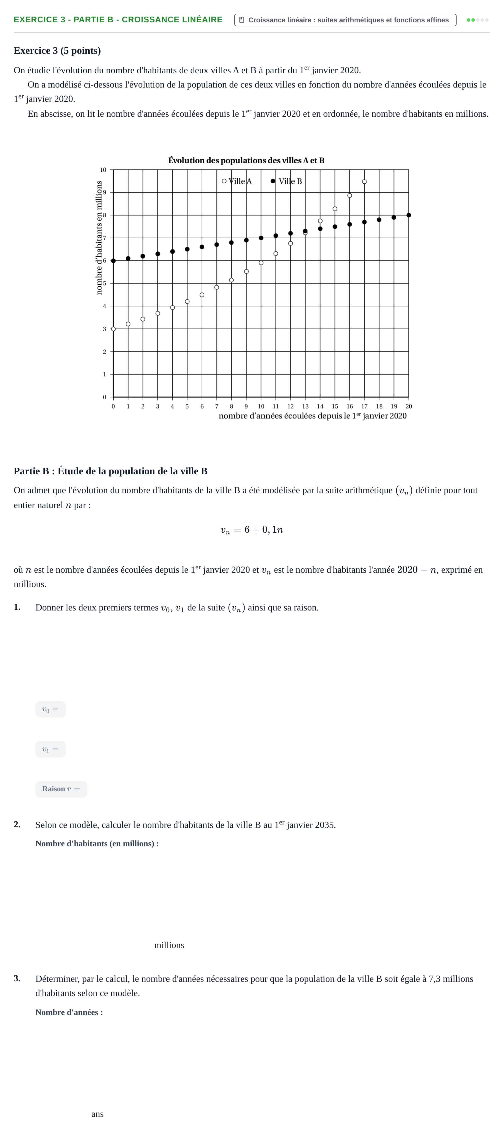 Énoncé: Exercice 3 - Partie B - Croissance linéaire · Bac Épreuve anticipée de mathématiques (sans spécialité) Métropole Secours 2026