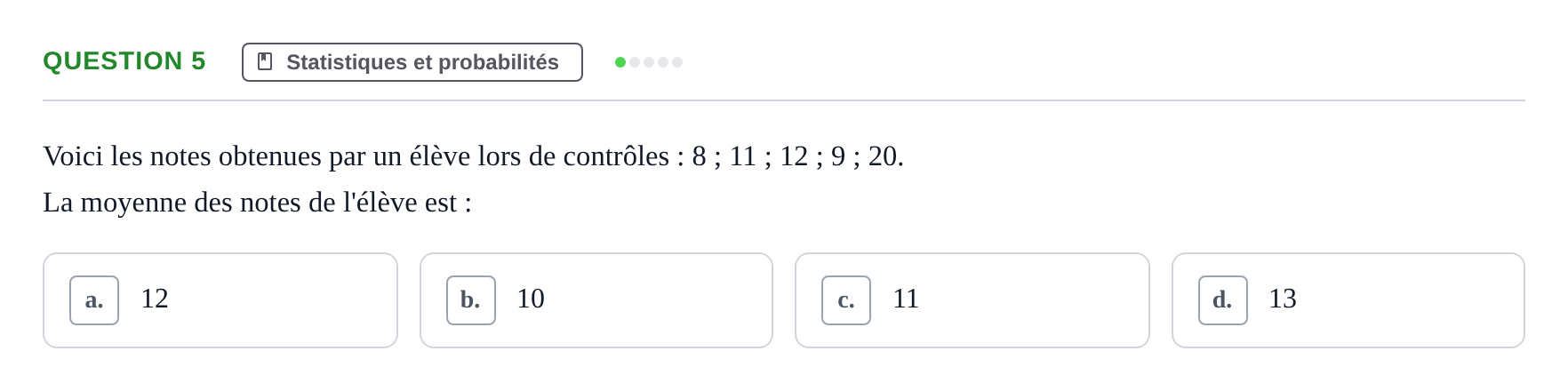 Énoncé: Question 5 · Bac Épreuve anticipée de mathématiques (sans spécialité) Métropole Secours 2026