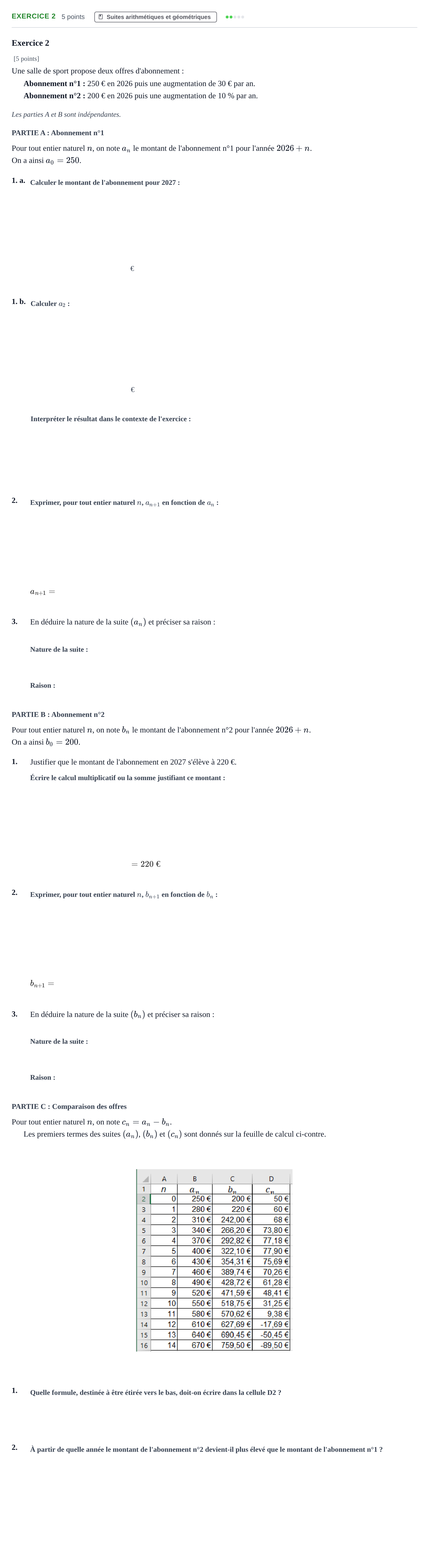 Énoncé: Exercice 2 · Bac STMG Épreuve anticipée de mathématiques Métropole 2026