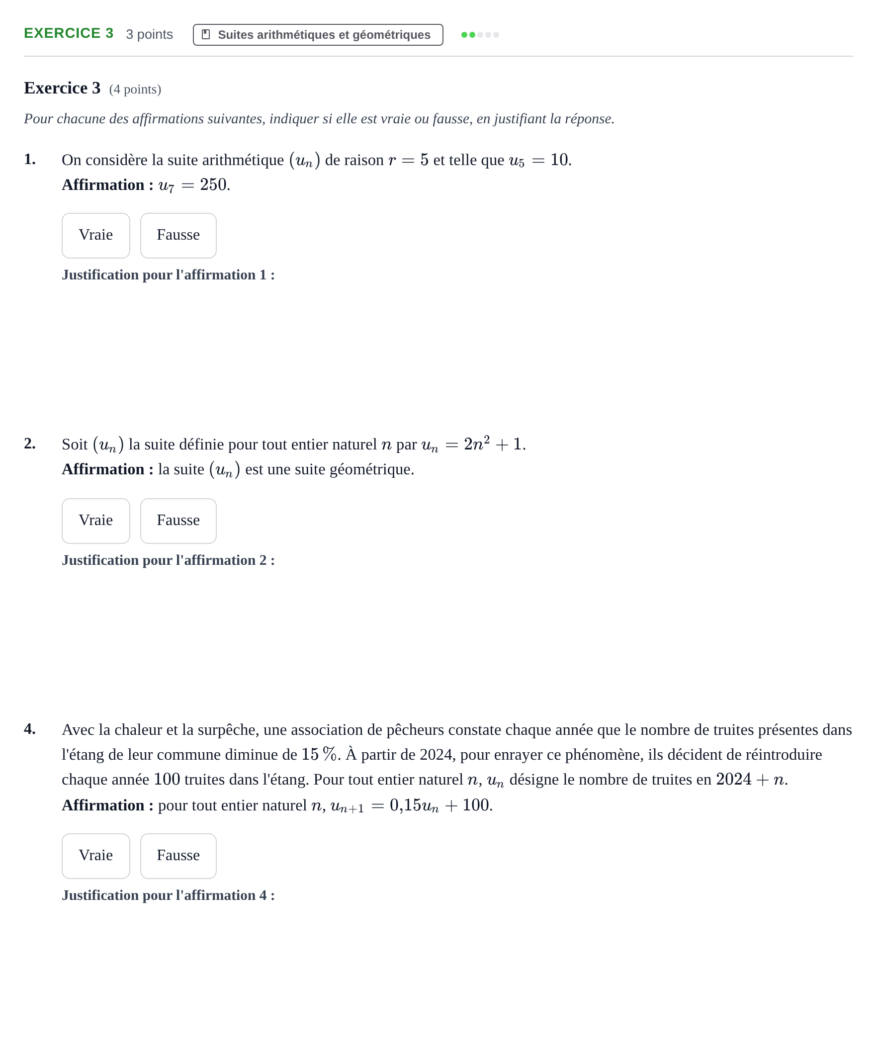 Énoncé: Exercice 3 - Suites arithmétiques et géométriques · Bac STMG Épreuve anticipée de mathématiques Métropole Septembre 2026