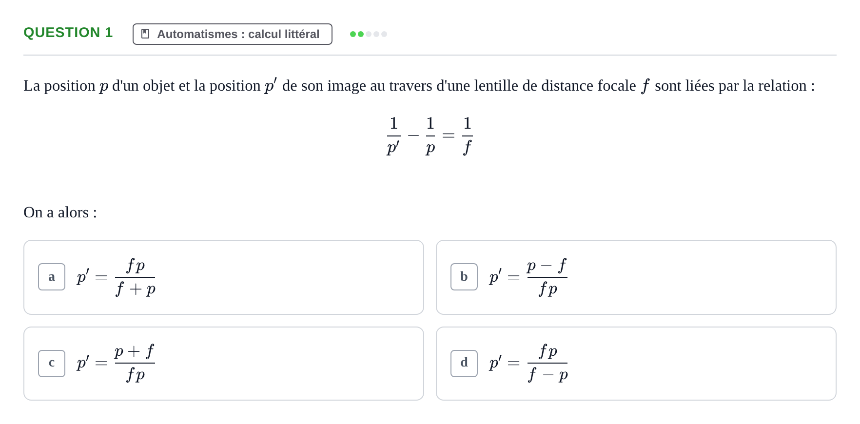 Énoncé: Question 1 · Bac Épreuve anticipée de mathématiques (spécialité) Métropole Secours 2026