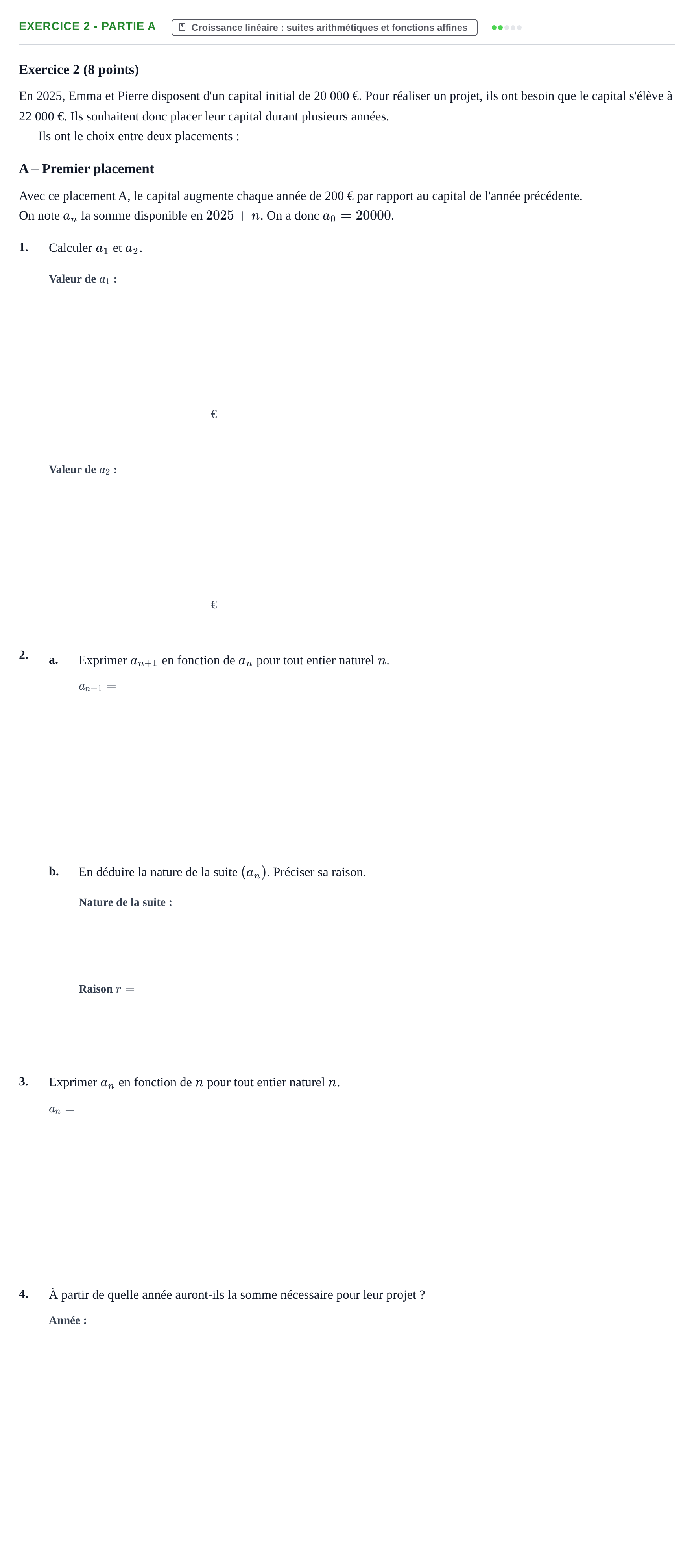 Énoncé: Exercice 2 - Partie A · Bac Épreuve anticipée de mathématiques (sans spécialité) Métropole 2026