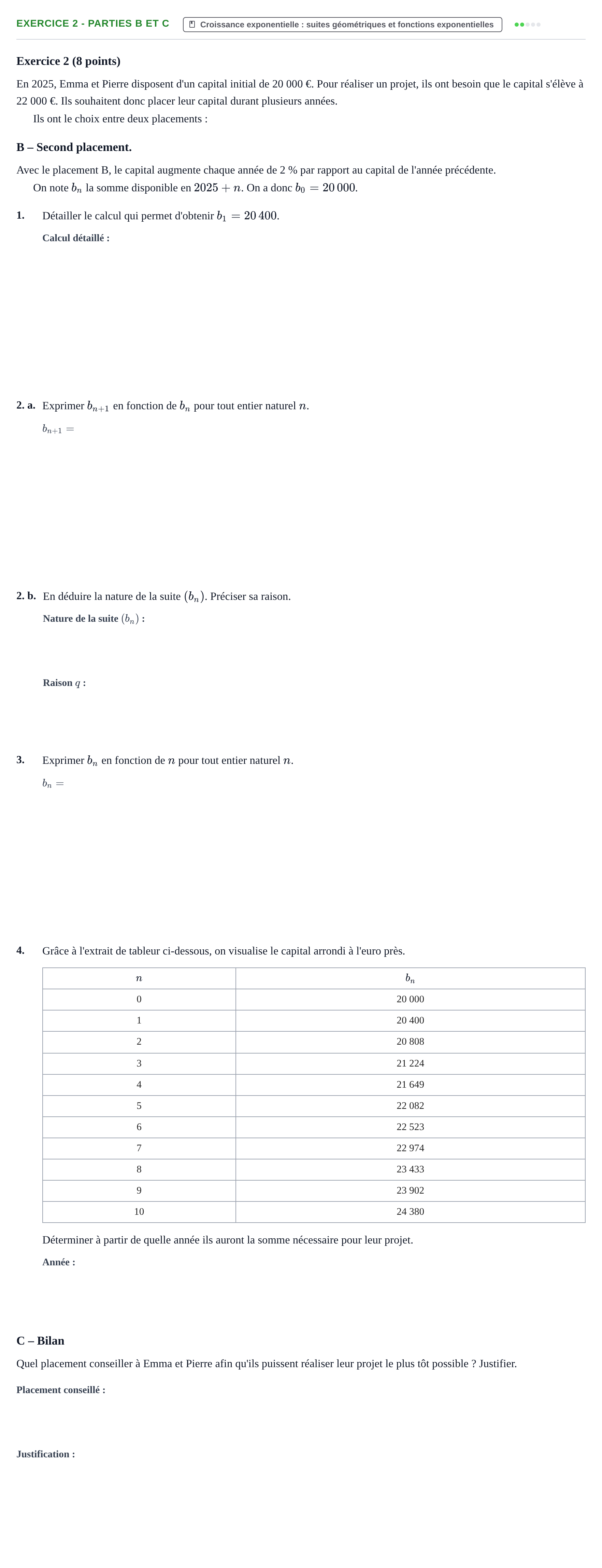 Énoncé: Exercice 2 - Parties B et C · Bac Épreuve anticipée de mathématiques (sans spécialité) Métropole 2026