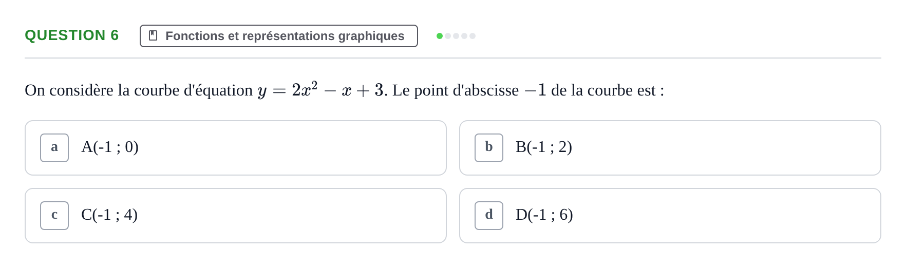 Énoncé: Question 6 · Bac Épreuve anticipée de mathématiques (sans spécialité) Métropole 2026