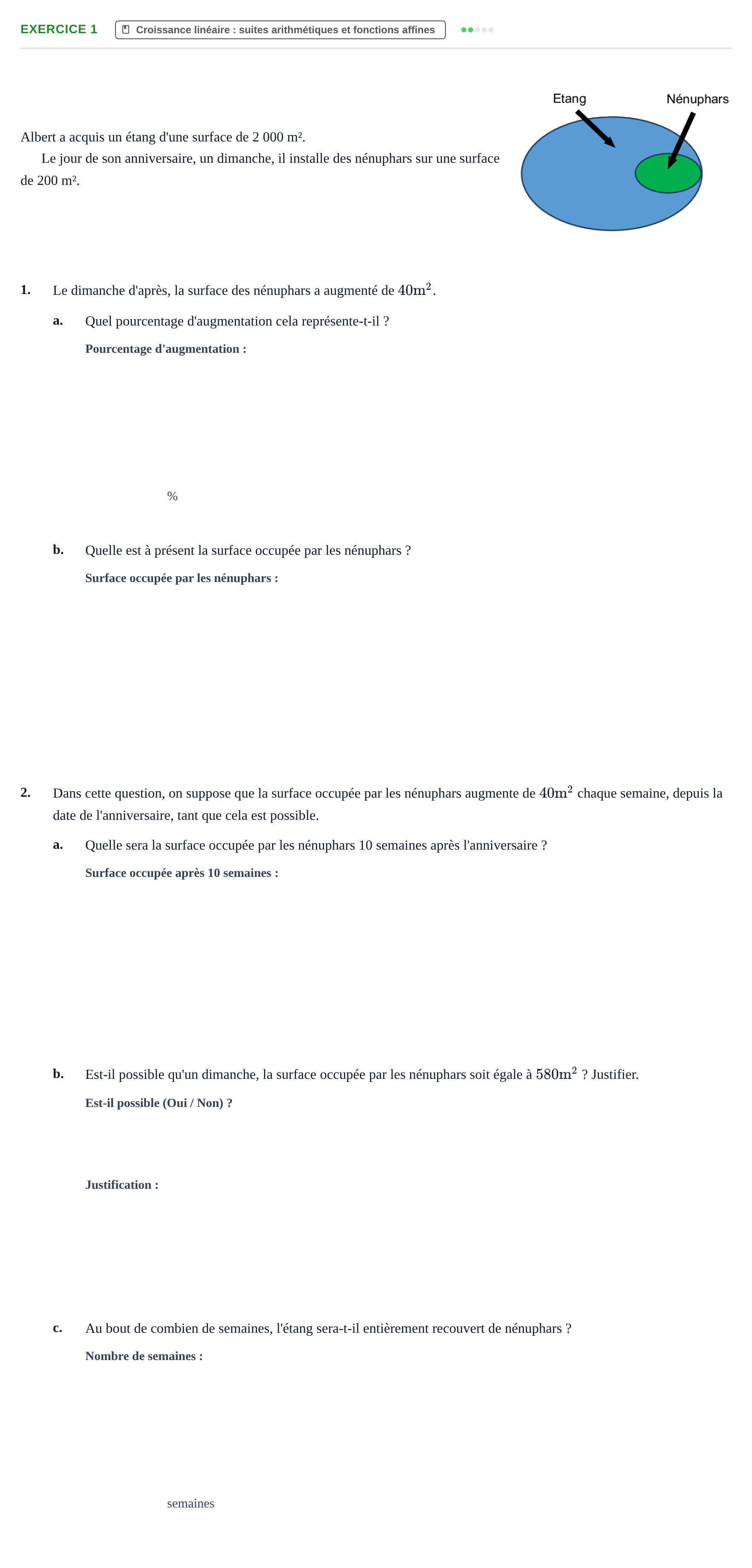 Énoncé: Exercice 1 - Croissance linéaire · Bac Épreuve anticipée de mathématiques (sans spécialité) Sujets zéro et spécimens sujet 2026 (sujet 1)
