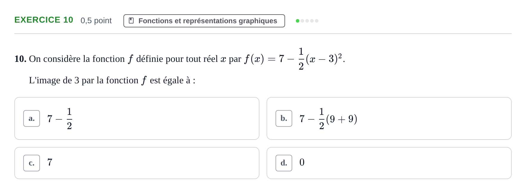 Énoncé: Exercice 10 · Bac Épreuve anticipée de mathématiques (sans spécialité) Sujets zéro et spécimens sujet 2026 (sujet 1)