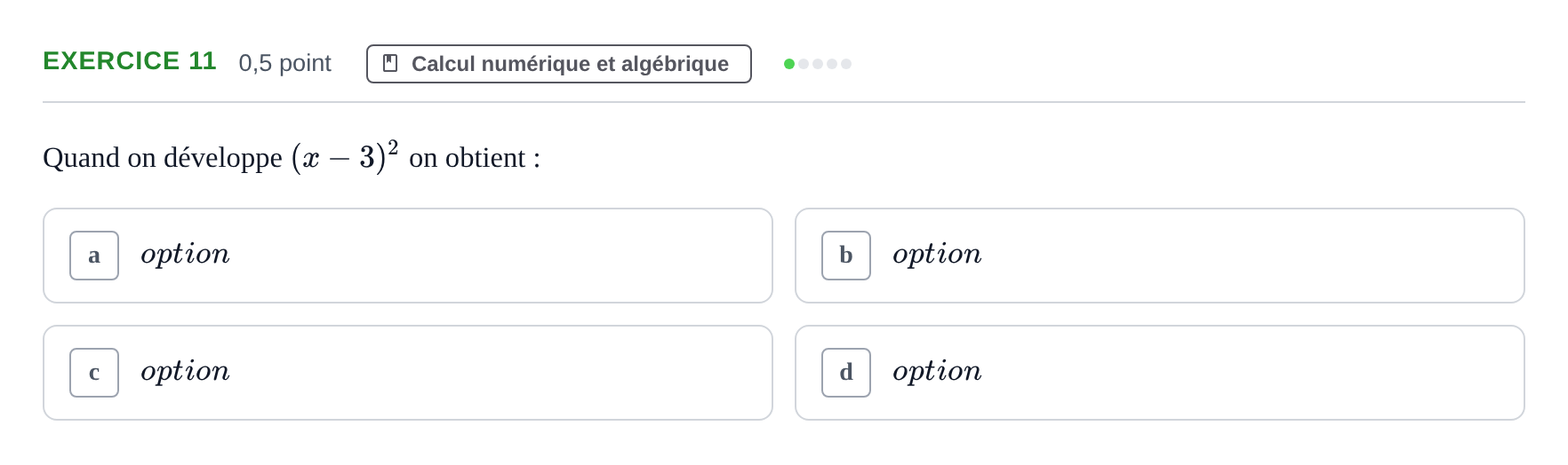 Énoncé: Exercice 11 · Bac Épreuve anticipée de mathématiques (sans spécialité) Sujets zéro et spécimens sujet 2026 (sujet 1)