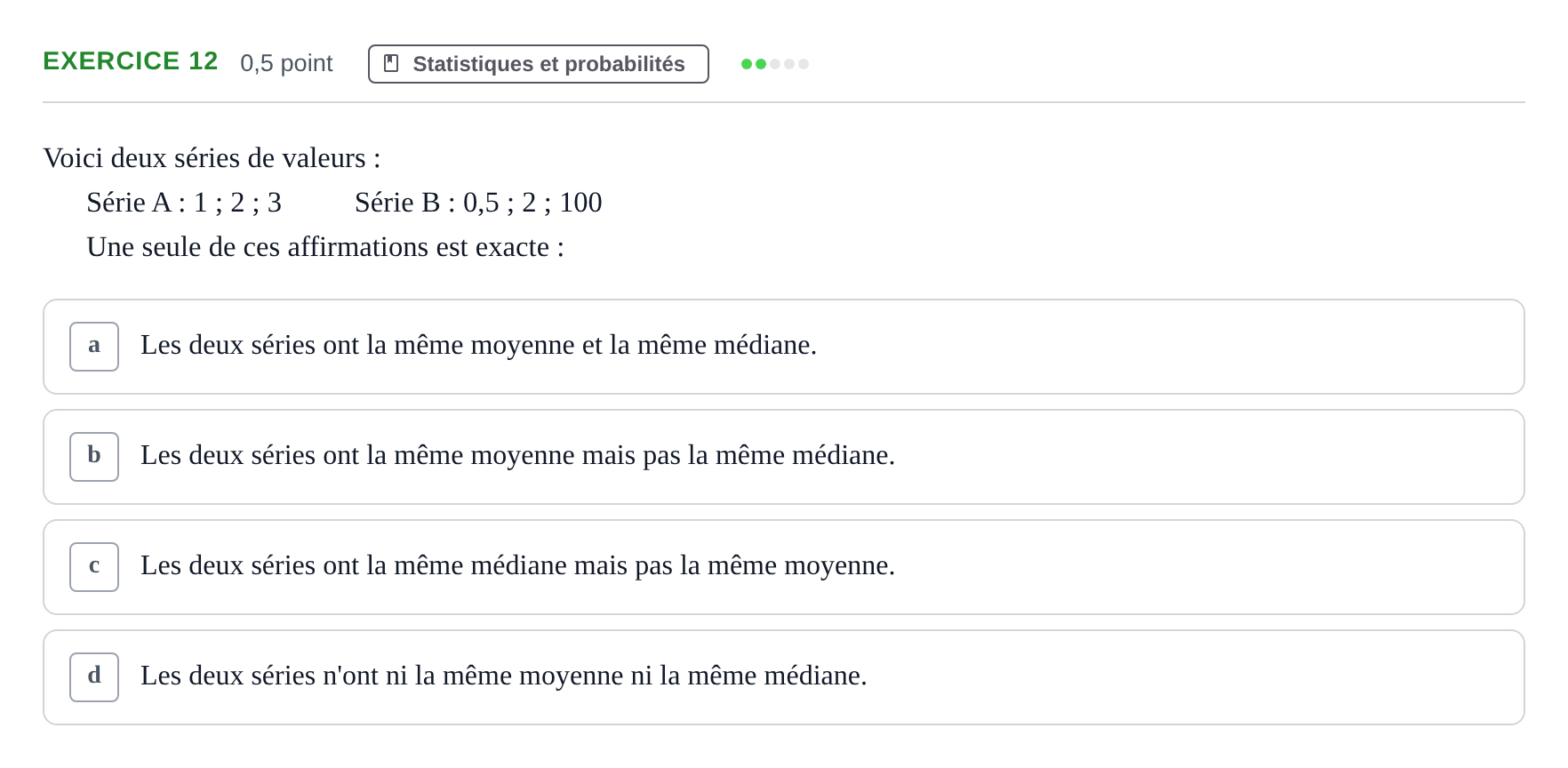 Énoncé: Exercice 12 · Bac Épreuve anticipée de mathématiques (sans spécialité) Sujets zéro et spécimens sujet 2026 (sujet 1)