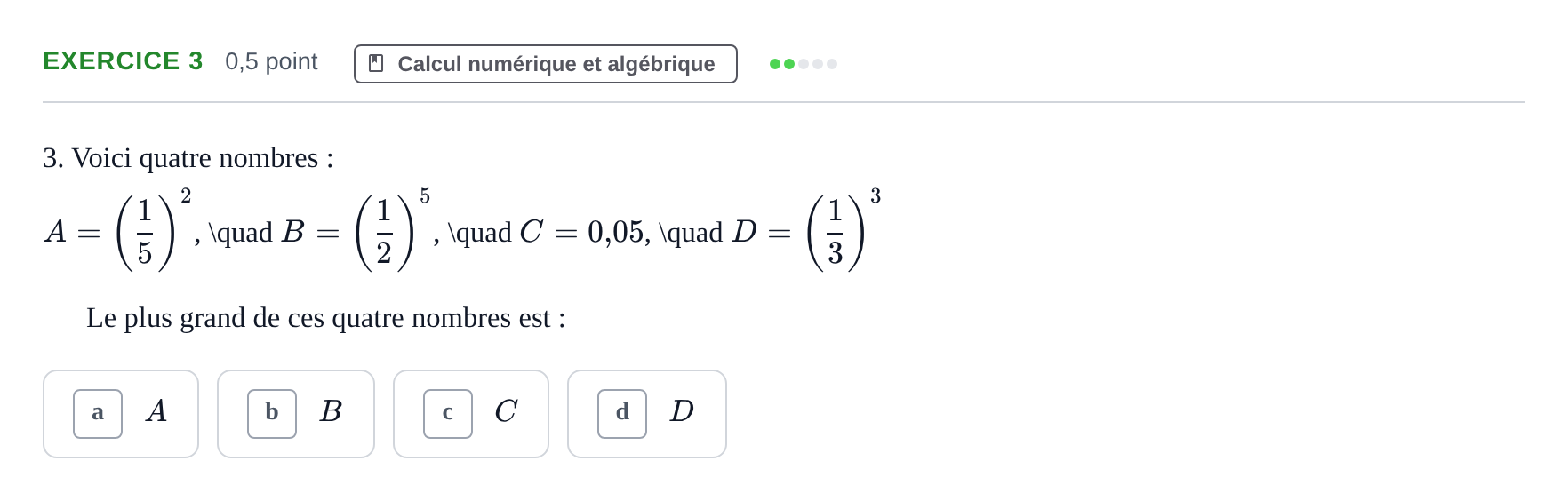 Énoncé: Exercice 3 · Bac Épreuve anticipée de mathématiques (sans spécialité) Sujets zéro et spécimens sujet 2026 (sujet 1)