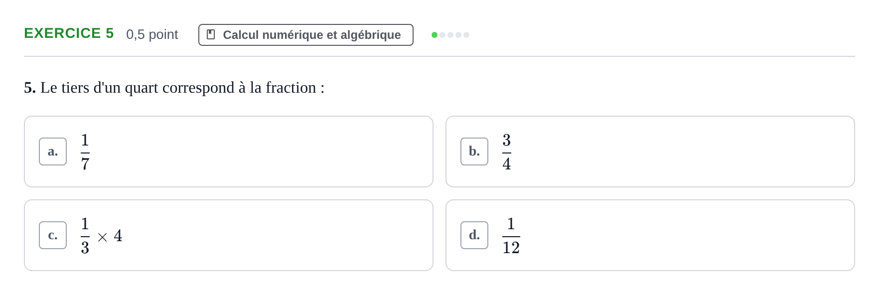 Énoncé: Exercice 5 · Bac Épreuve anticipée de mathématiques (sans spécialité) Sujets zéro et spécimens sujet 2026 (sujet 1)