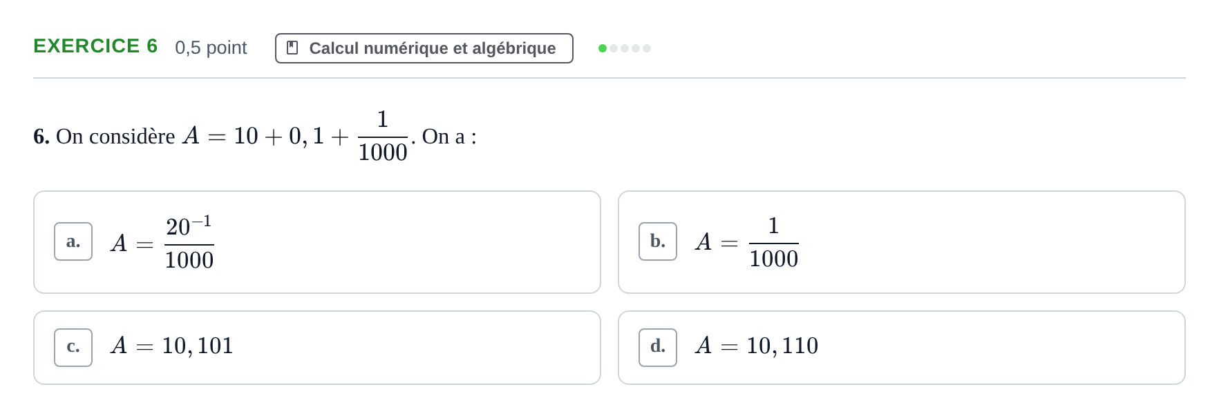 Énoncé: Exercice 6 · Bac Épreuve anticipée de mathématiques (sans spécialité) Sujets zéro et spécimens sujet 2026 (sujet 1)