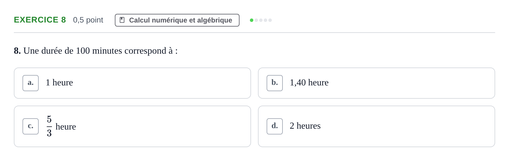 Énoncé: Exercice 8 · Bac Épreuve anticipée de mathématiques (sans spécialité) Sujets zéro et spécimens sujet 2026 (sujet 1)