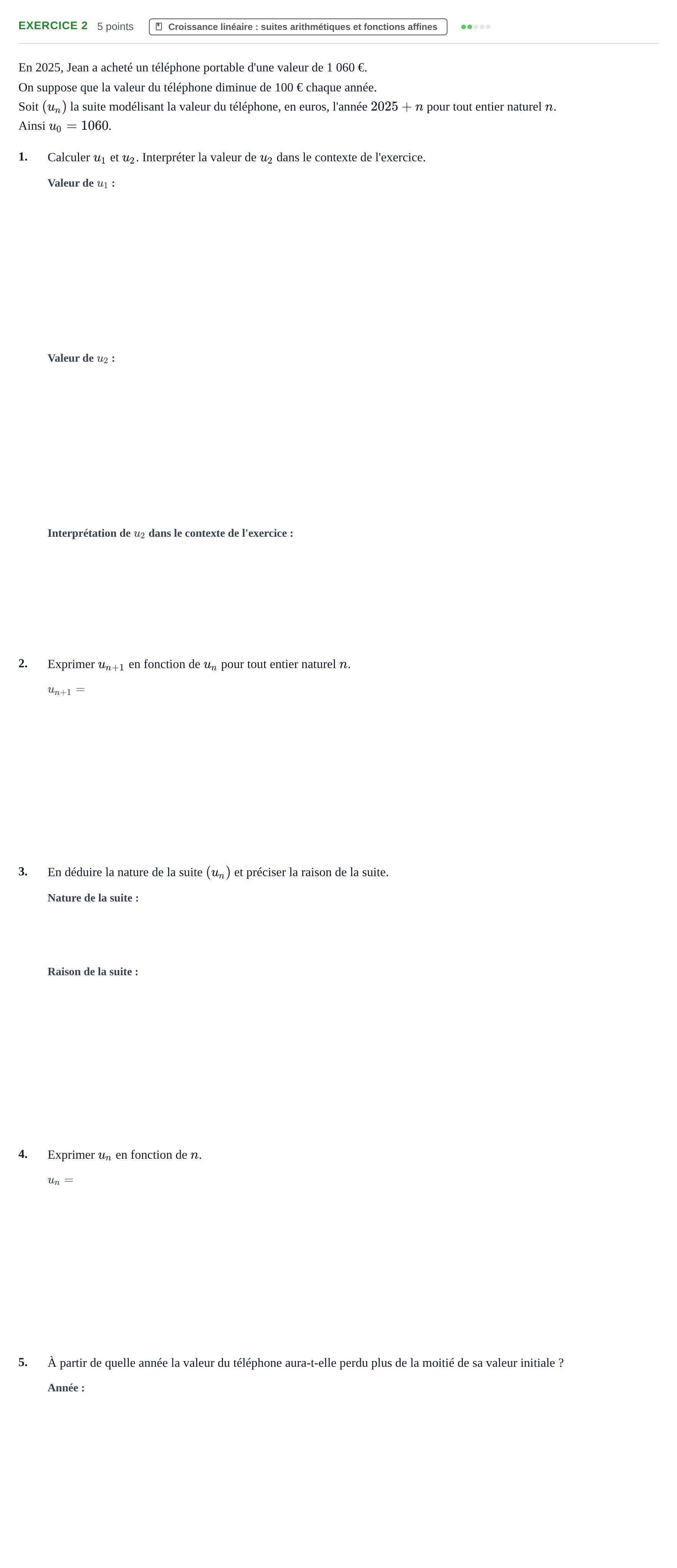 Énoncé: Exercice 2 · Bac Épreuve anticipée de mathématiques (sans spécialité) Métropole Septembre 2026