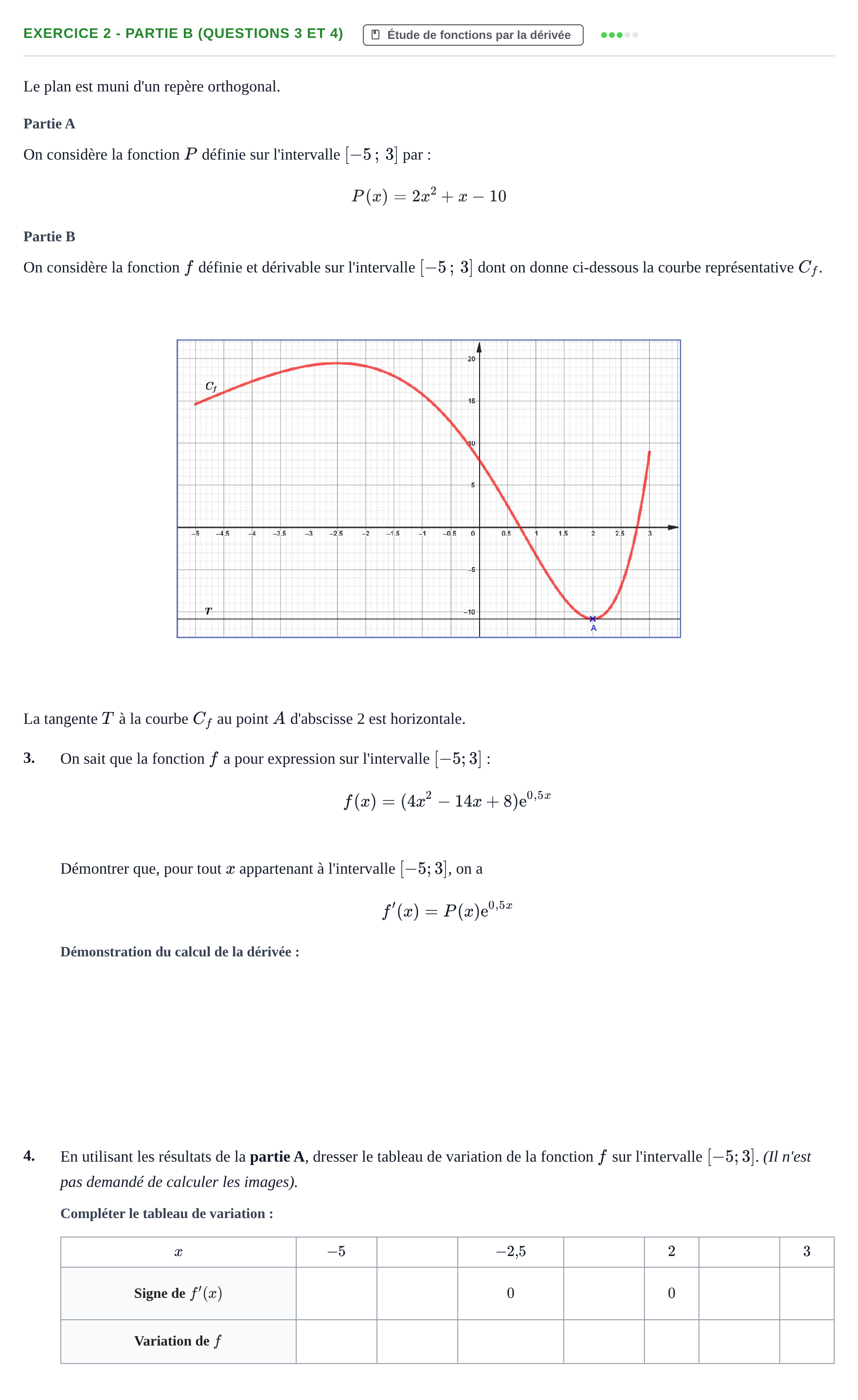 Énoncé: Exercice 2 - Partie B (questions 3 et 4) · Bac Épreuve anticipée de mathématiques (spécialité) Sujets zéro et spécimens sujet 2026 (sujet 2)