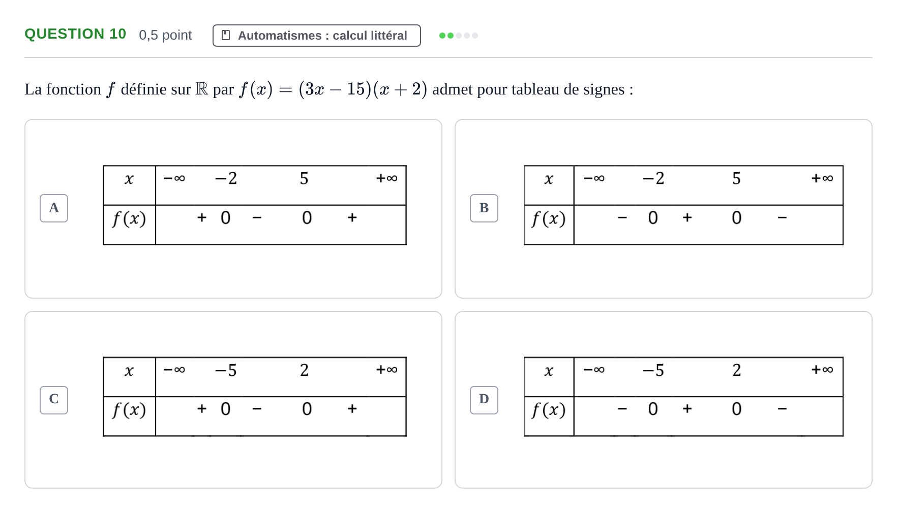 Énoncé: Question 10 · Bac Épreuve anticipée de mathématiques (spécialité) Sujets zéro et spécimens sujet 2026 (sujet 2)