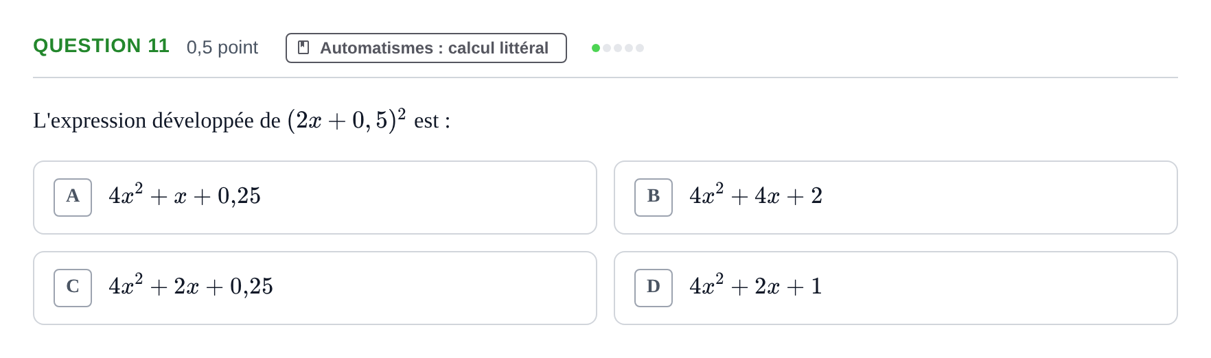 Énoncé: Question 11 · Bac Épreuve anticipée de mathématiques (spécialité) Sujets zéro et spécimens sujet 2026 (sujet 2)