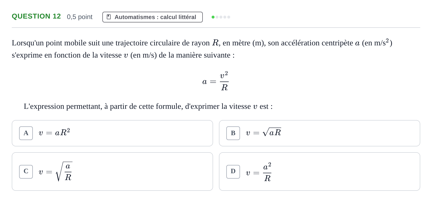 Énoncé: Question 12 · Bac Épreuve anticipée de mathématiques (spécialité) Sujets zéro et spécimens sujet 2026 (sujet 2)