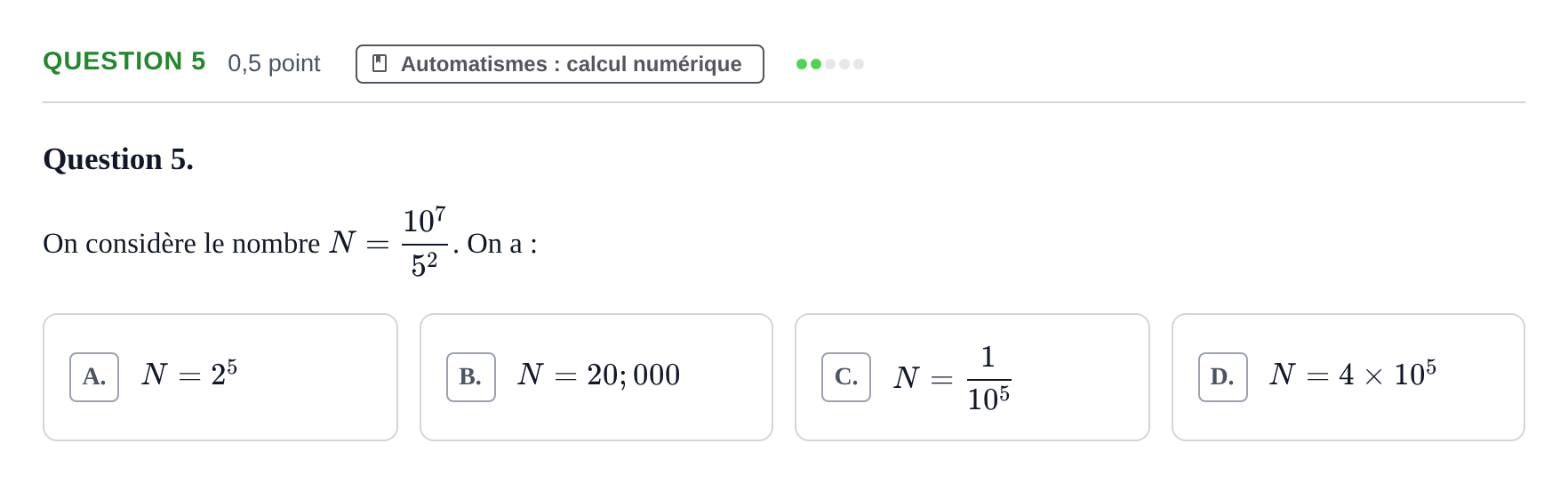 Énoncé: Question 5 · Bac Épreuve anticipée de mathématiques (spécialité) Sujets zéro et spécimens sujet 2026 (sujet 2)