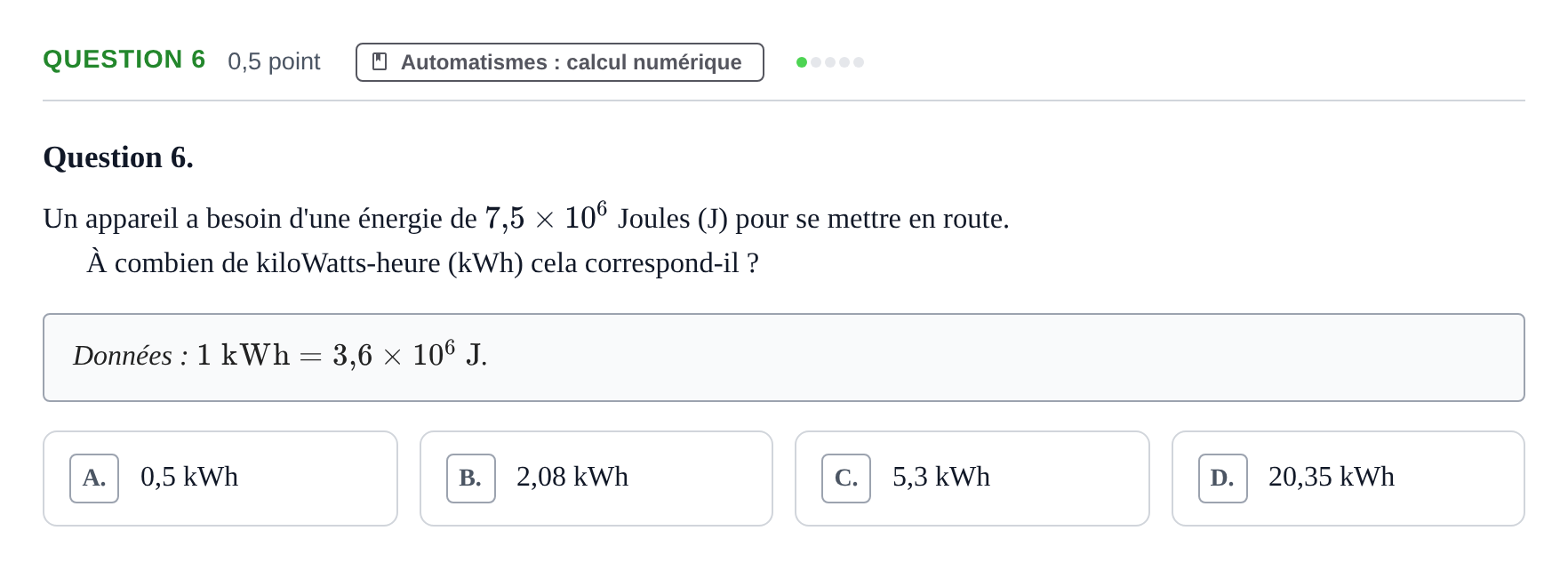 Énoncé: Question 6 · Bac Épreuve anticipée de mathématiques (spécialité) Sujets zéro et spécimens sujet 2026 (sujet 2)