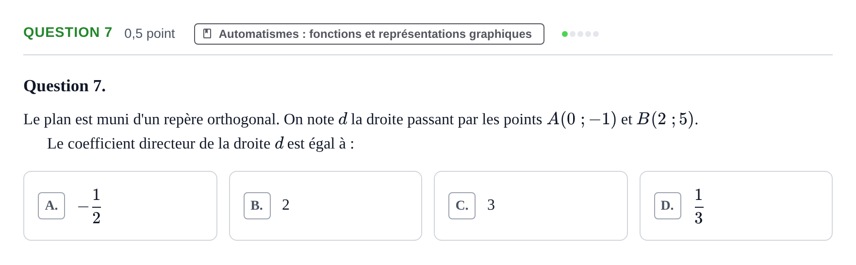 Énoncé: Question 7 · Bac Épreuve anticipée de mathématiques (spécialité) Sujets zéro et spécimens sujet 2026 (sujet 2)
