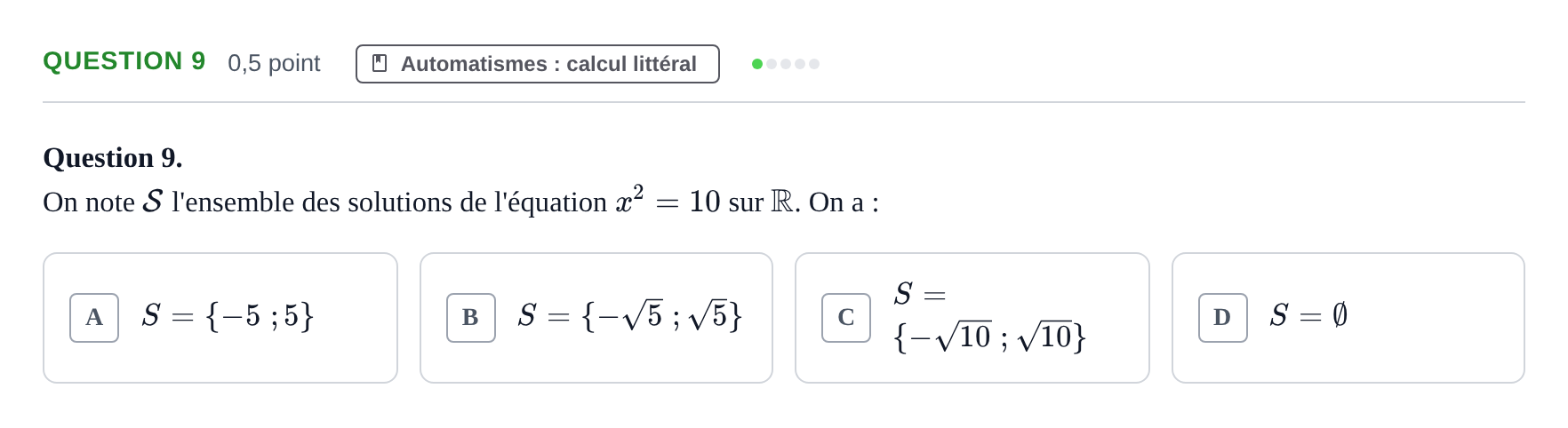 Énoncé: Question 9 · Bac Épreuve anticipée de mathématiques (spécialité) Sujets zéro et spécimens sujet 2026 (sujet 2)