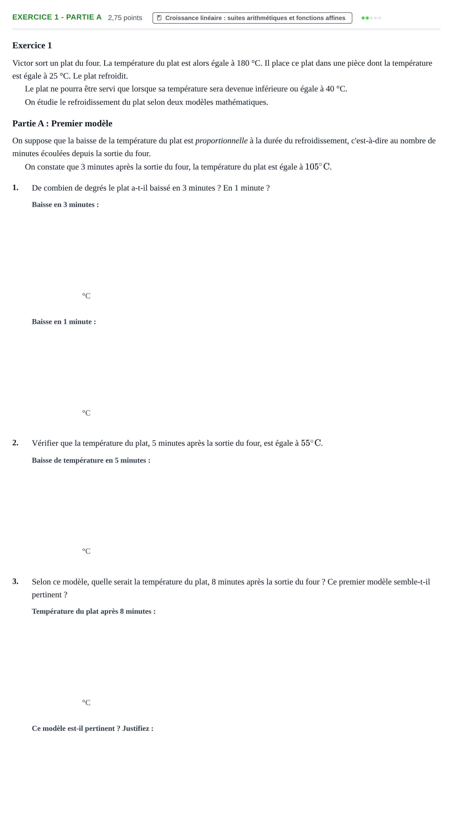 Énoncé: Exercice 1 - Partie A · Bac Épreuve anticipée de mathématiques (sans spécialité) Sujets zéro et spécimens sujet 2026 (sujet 3)