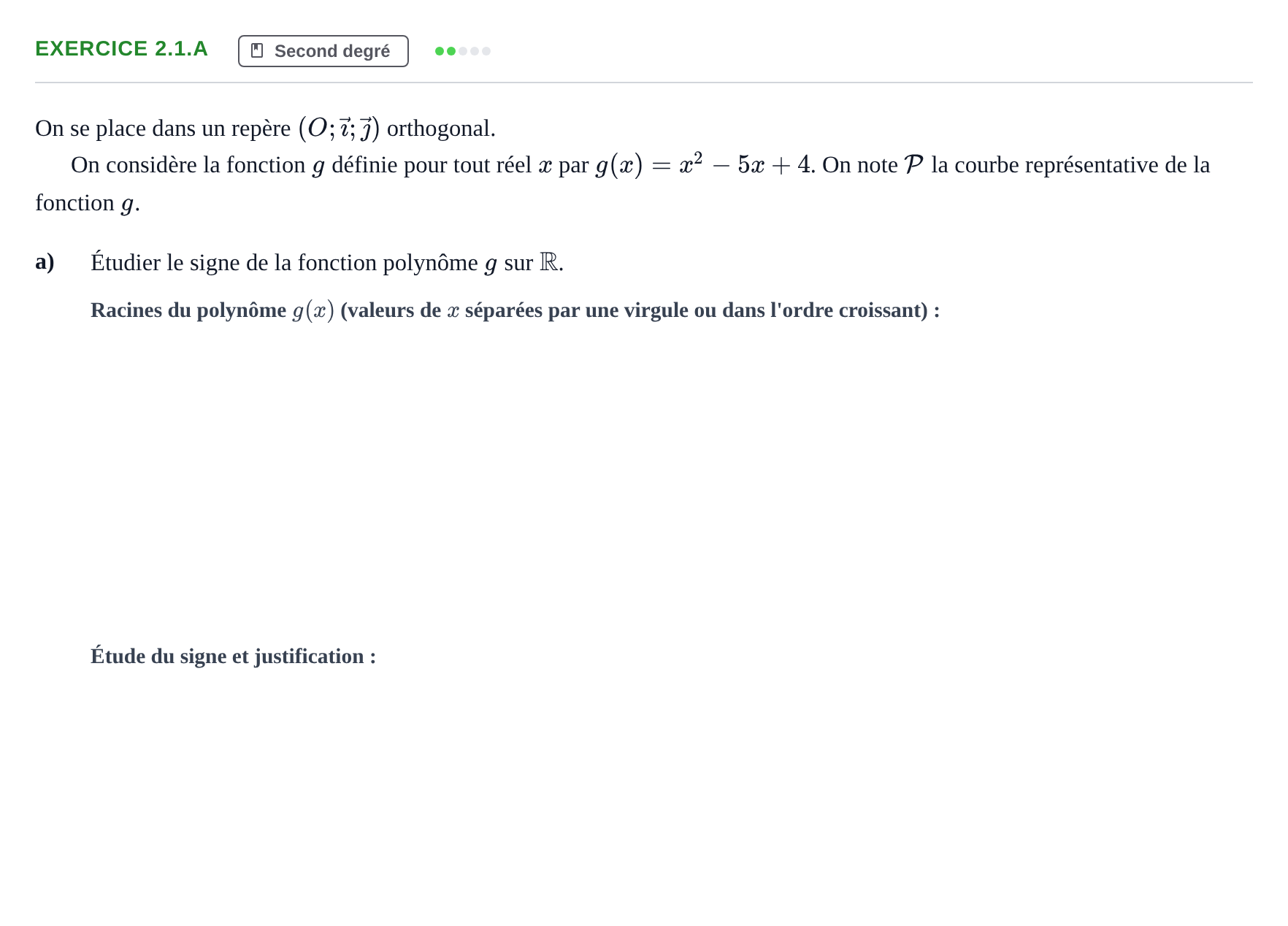 Énoncé: Exercice 2.1.a - Second degré · Bac Épreuve anticipée de mathématiques (spécialité) Sujets zéro et spécimens sujet 2026 (sujet 1)