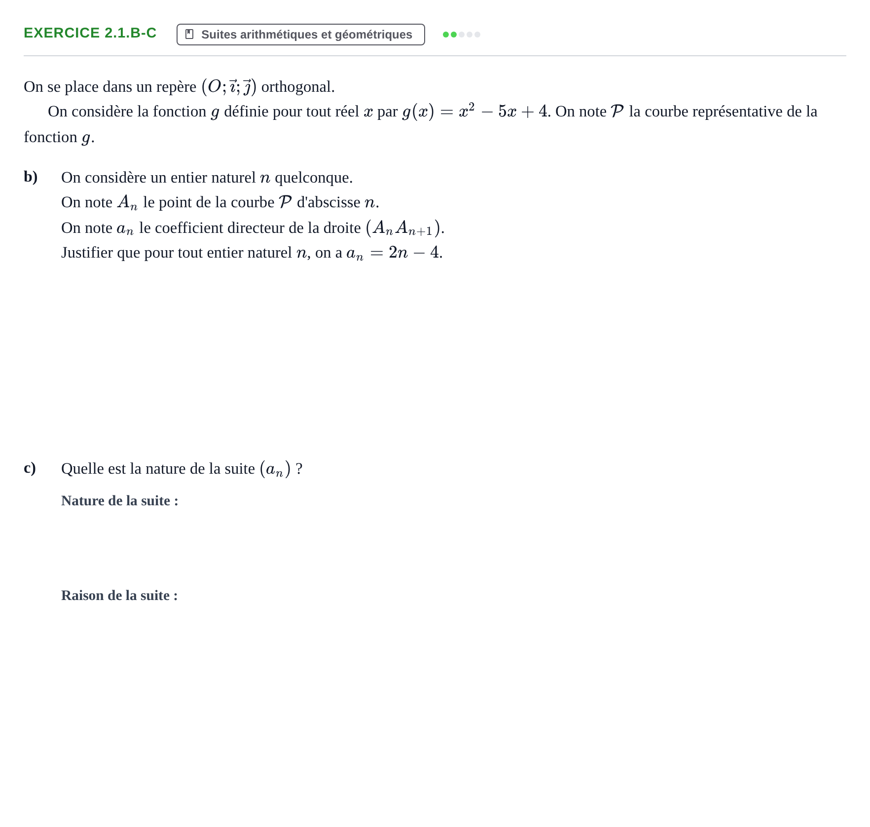Énoncé: Exercice 2.1.b-c - Suites · Bac Épreuve anticipée de mathématiques (spécialité) Sujets zéro et spécimens sujet 2026 (sujet 1)