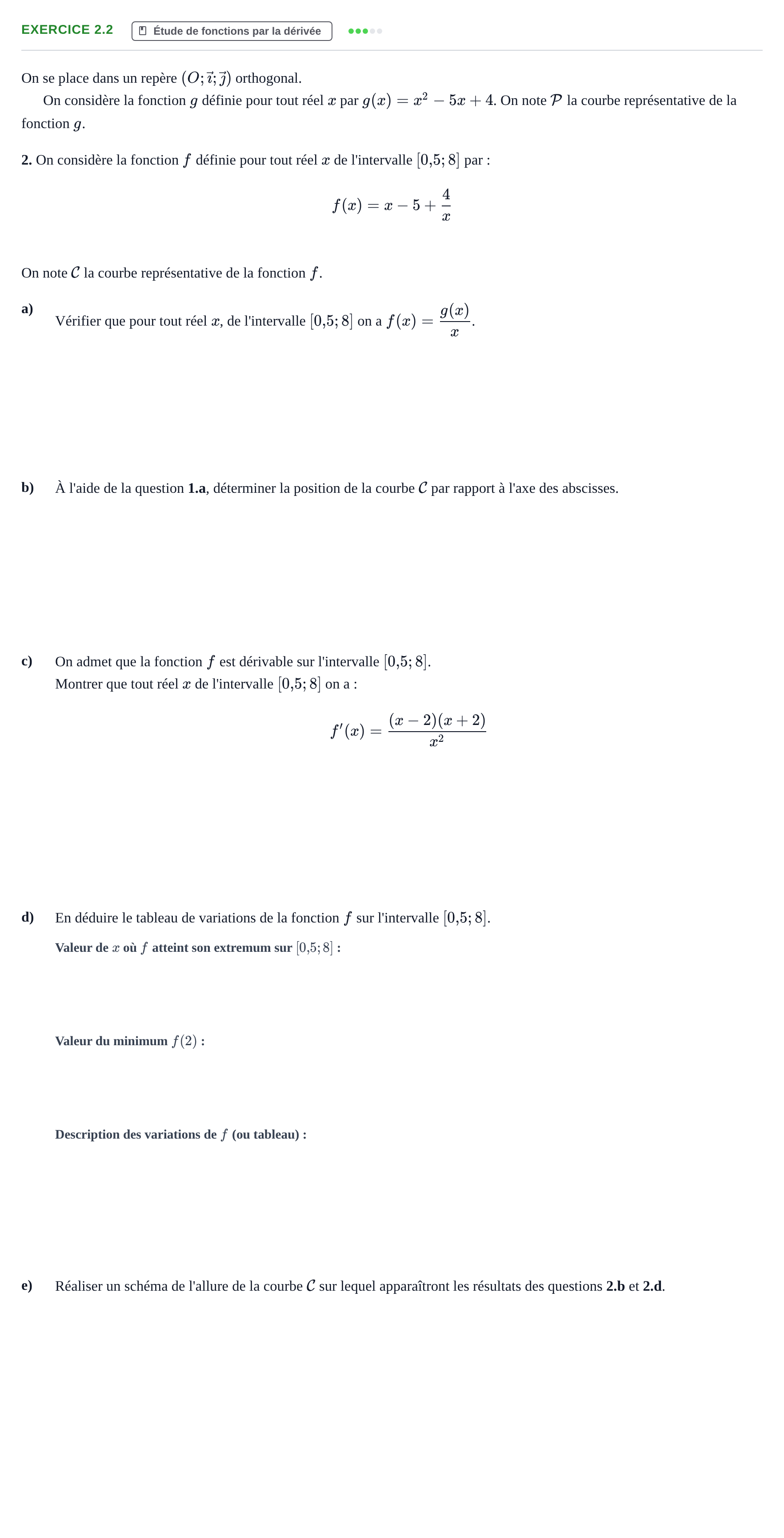 Énoncé: Exercice 2.2 - Étude de fonction · Bac Épreuve anticipée de mathématiques (spécialité) Sujets zéro et spécimens sujet 2026 (sujet 1)