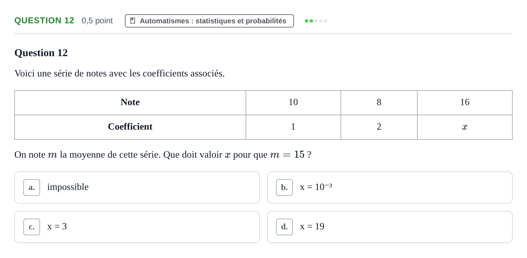 Énoncé: Question 12 · Bac Épreuve anticipée de mathématiques (spécialité) Sujets zéro et spécimens sujet 2026 (sujet 1)