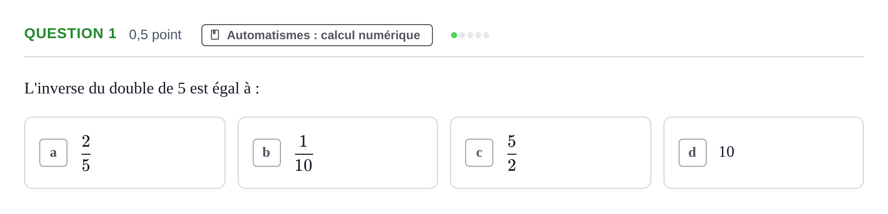 Énoncé: Question 1 · Bac Épreuve anticipée de mathématiques (spécialité) Sujets zéro et spécimens sujet 2026 (sujet 1)