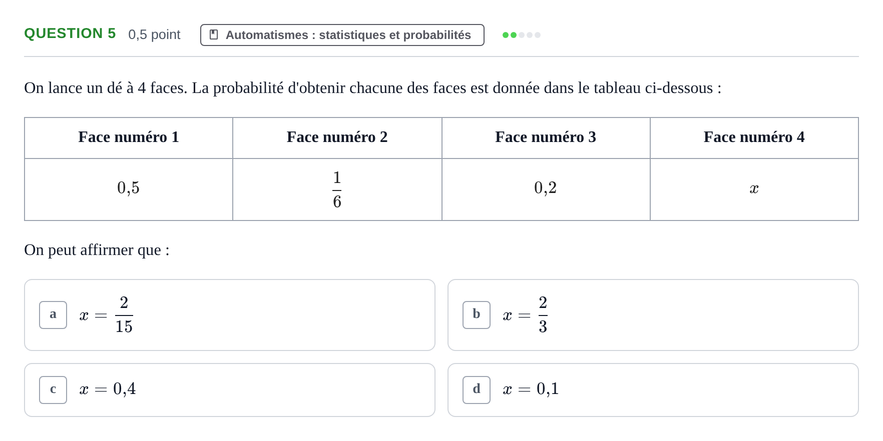 Énoncé: Question 5 · Bac Épreuve anticipée de mathématiques (spécialité) Sujets zéro et spécimens sujet 2026 (sujet 1)