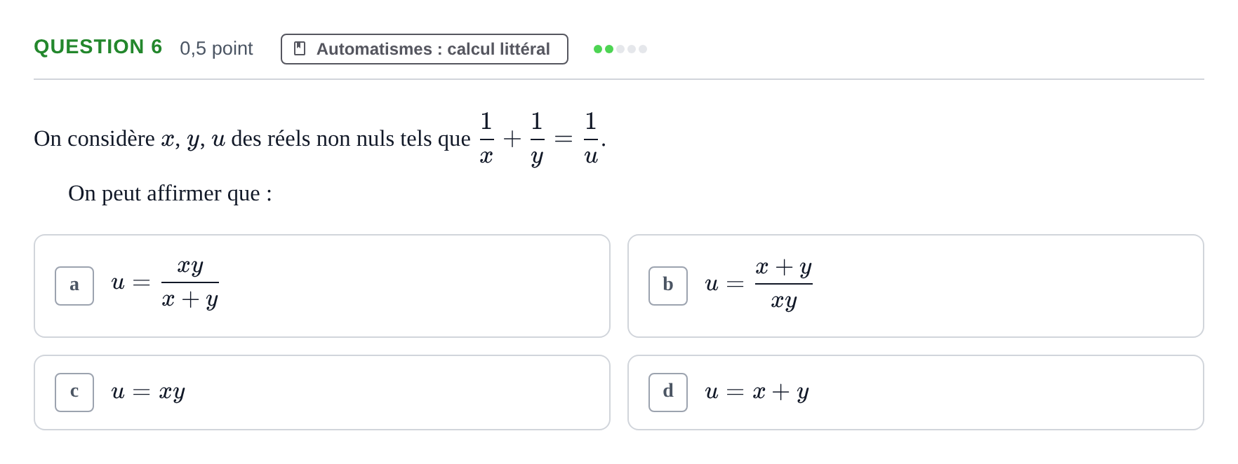 Énoncé: Question 6 · Bac Épreuve anticipée de mathématiques (spécialité) Sujets zéro et spécimens sujet 2026 (sujet 1)