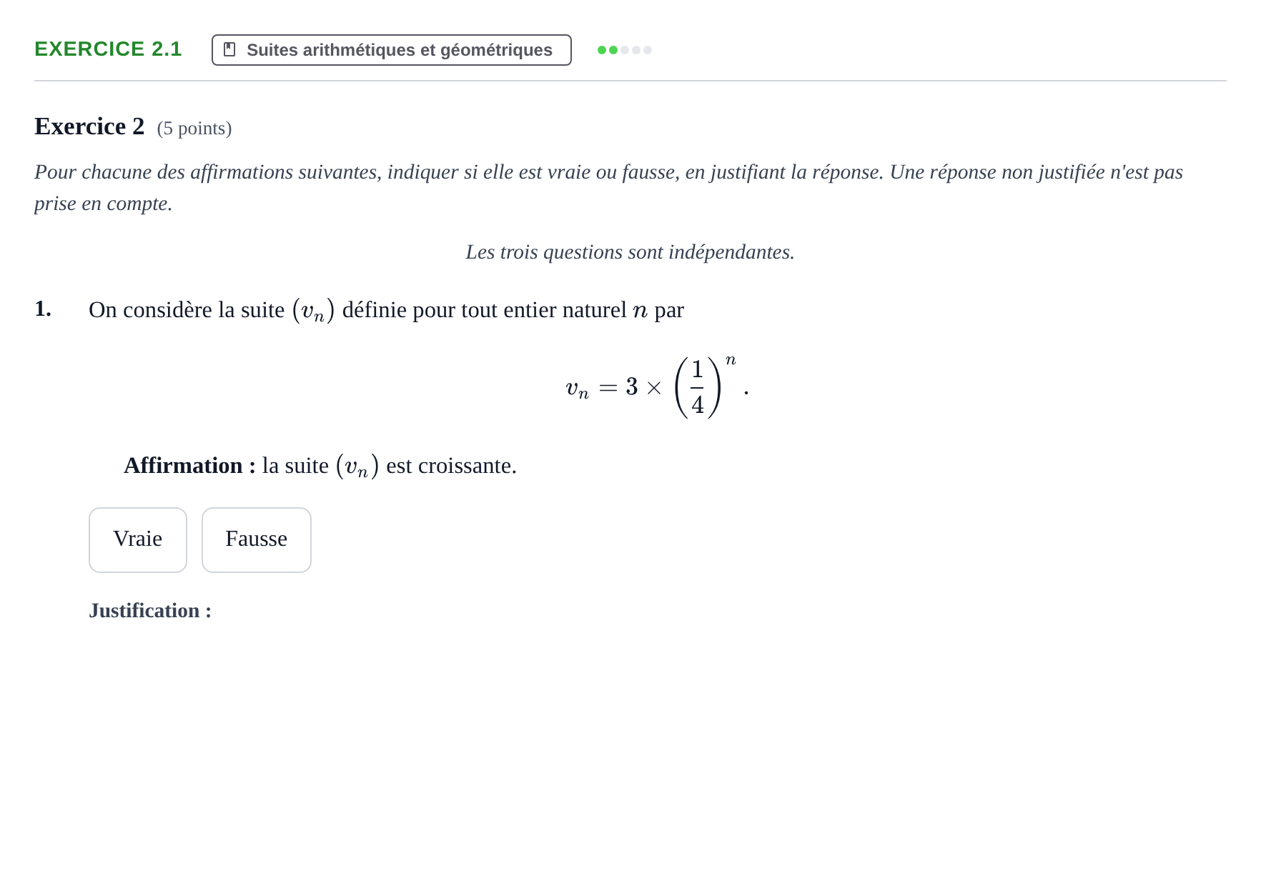 Énoncé: Exercice 2.1 - Suites · Bac Épreuve anticipée de mathématiques (spécialité) Métropole Septembre 2026