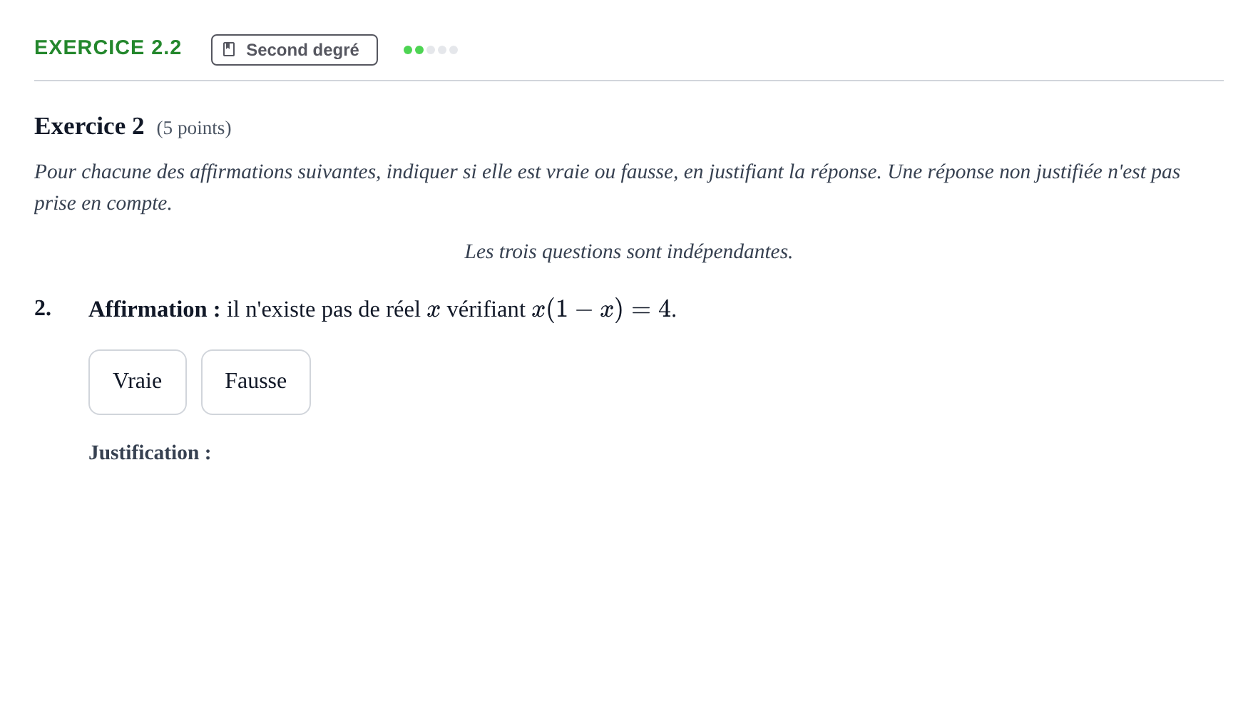 Énoncé: Exercice 2.2 - Second degré · Bac Épreuve anticipée de mathématiques (spécialité) Métropole Septembre 2026