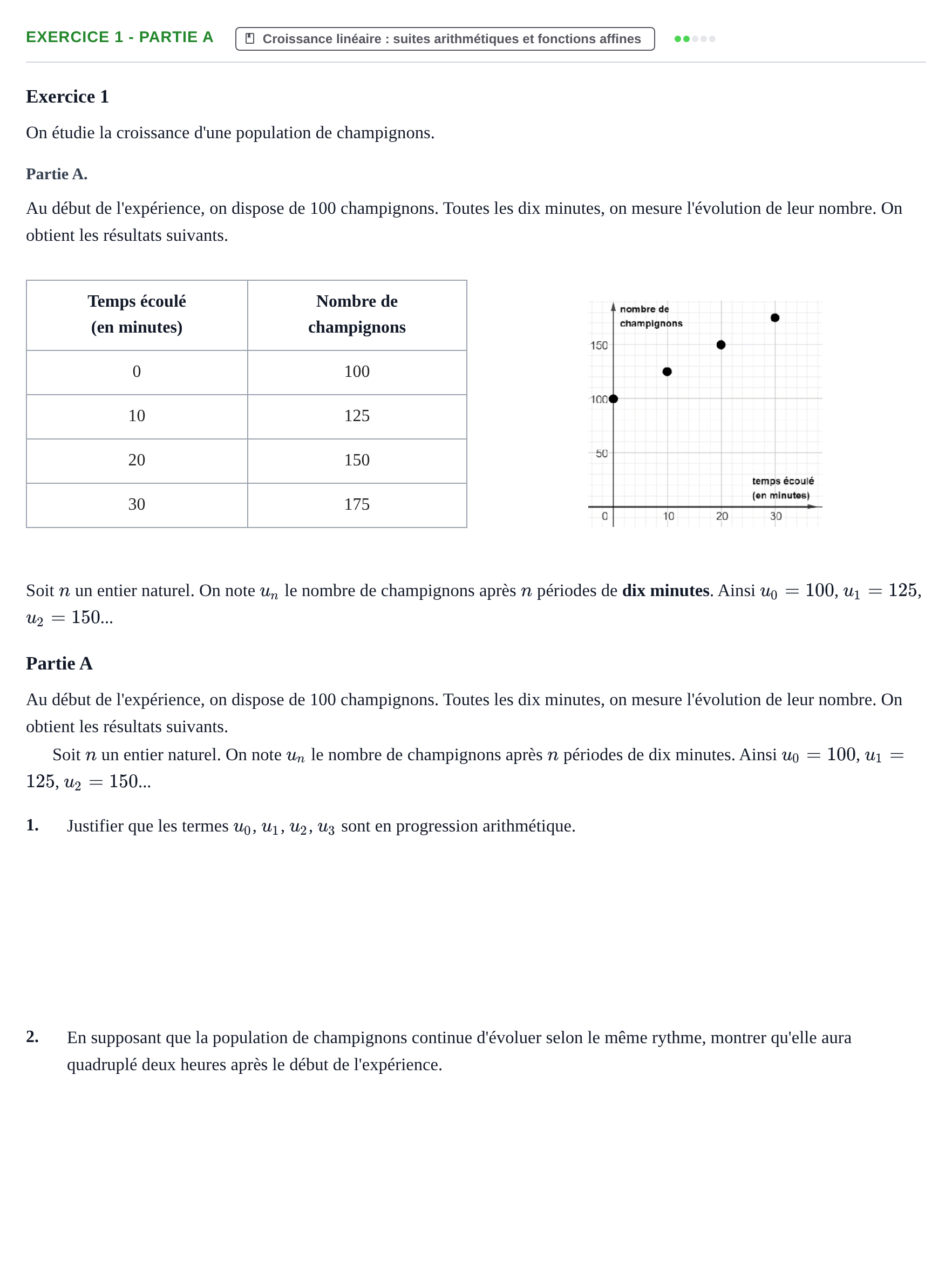 Énoncé: Exercice 1 - Partie A · Bac Épreuve anticipée de mathématiques (sans spécialité) Sujets zéro et spécimens sujet 2026 (sujet 2)