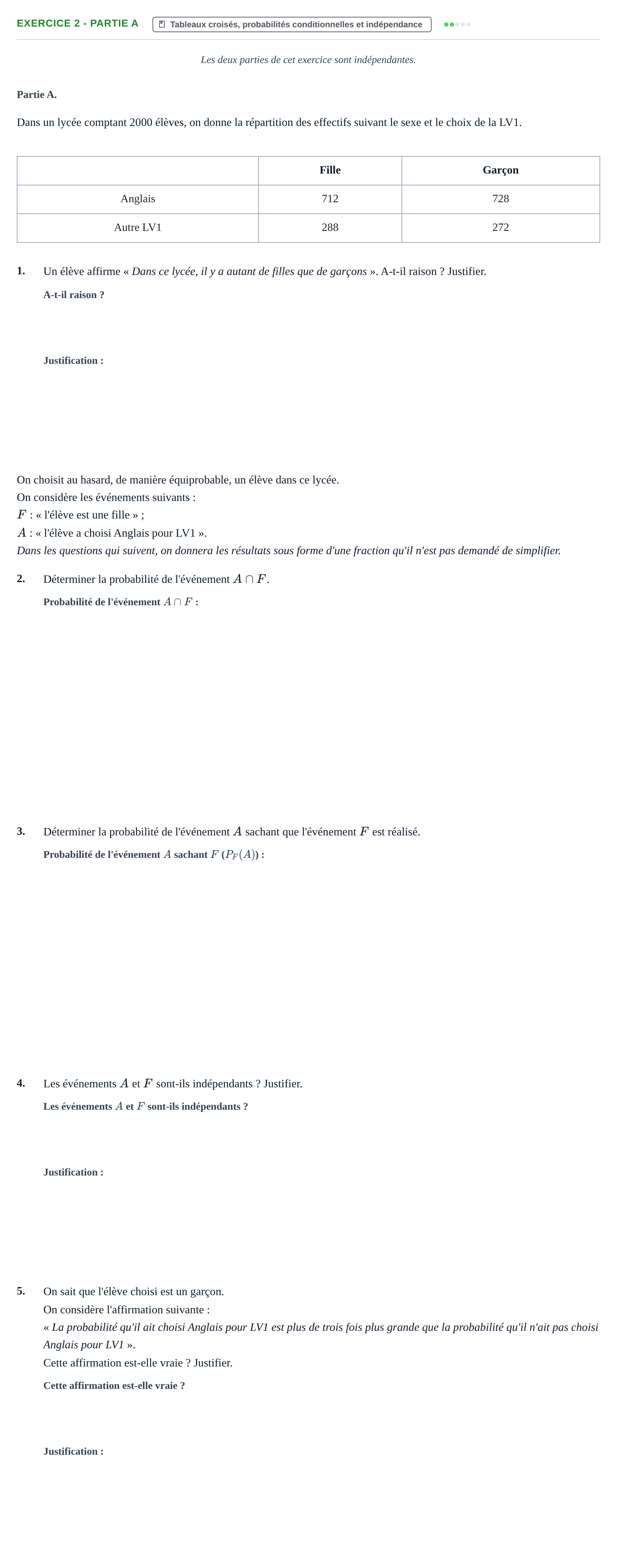 Énoncé: Exercice 2 - Partie A · Bac Épreuve anticipée de mathématiques (sans spécialité) Sujets zéro et spécimens sujet 2026 (sujet 2)