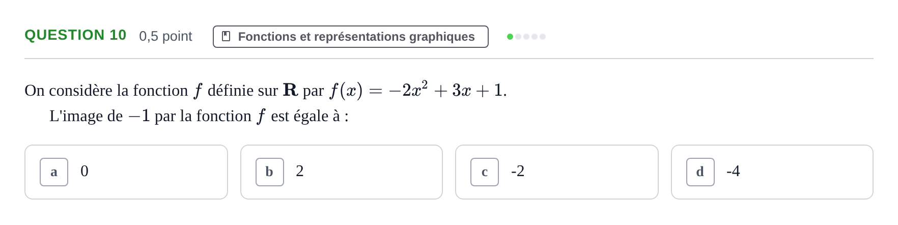 Énoncé: Question 10 · Bac Épreuve anticipée de mathématiques (sans spécialité) Sujets zéro et spécimens sujet 2026 (sujet 2)
