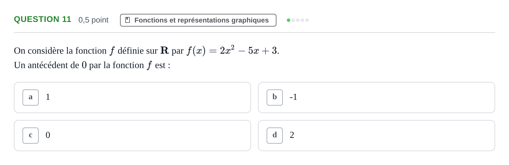 Énoncé: Question 11 · Bac Épreuve anticipée de mathématiques (sans spécialité) Sujets zéro et spécimens sujet 2026 (sujet 2)