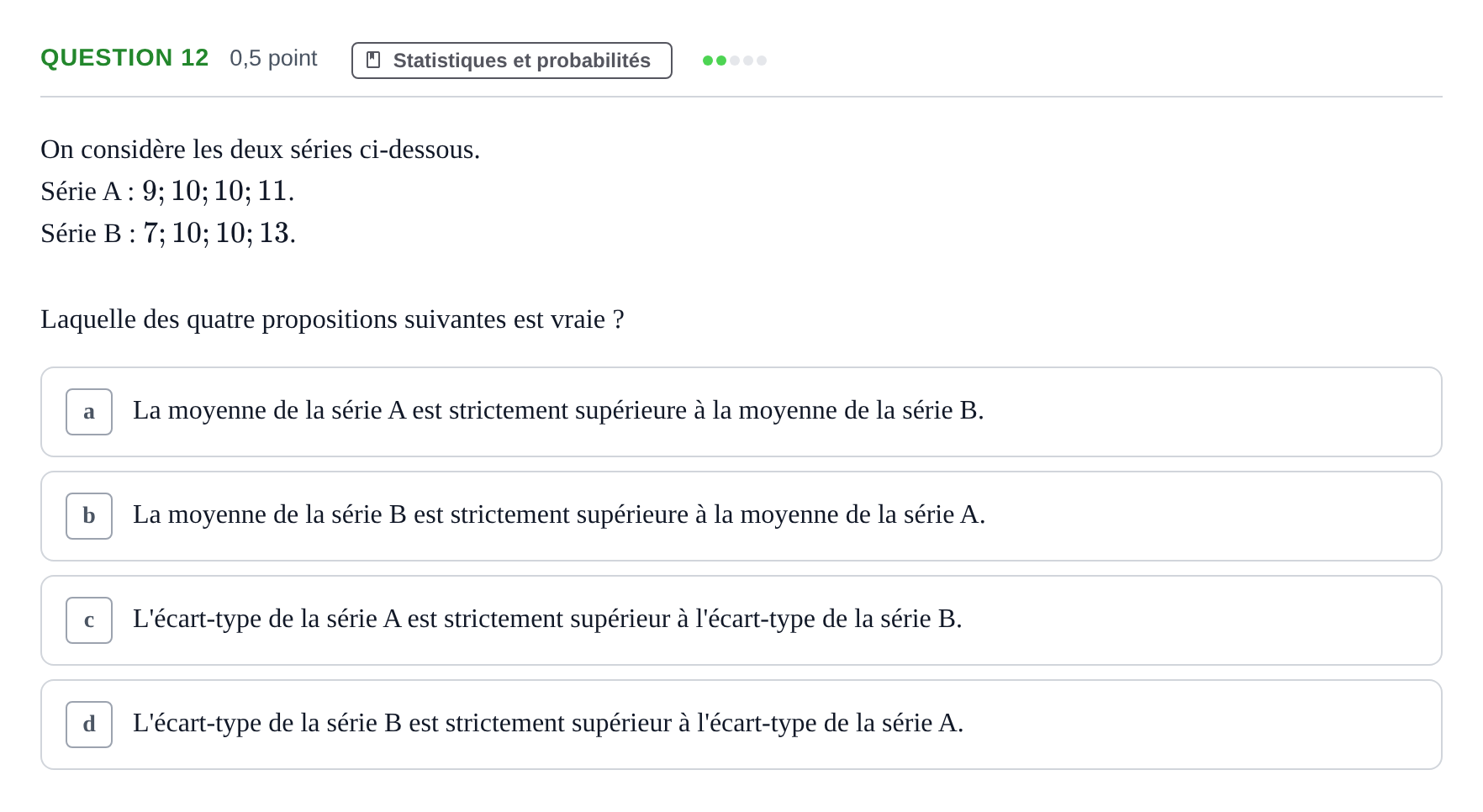 Énoncé: Question 12 · Bac Épreuve anticipée de mathématiques (sans spécialité) Sujets zéro et spécimens sujet 2026 (sujet 2)