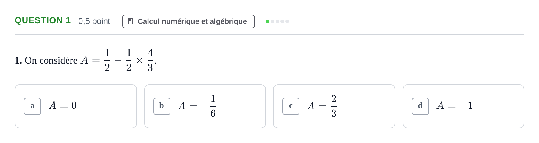 Énoncé: Question 1 · Bac Épreuve anticipée de mathématiques (sans spécialité) Sujets zéro et spécimens sujet 2026 (sujet 2)