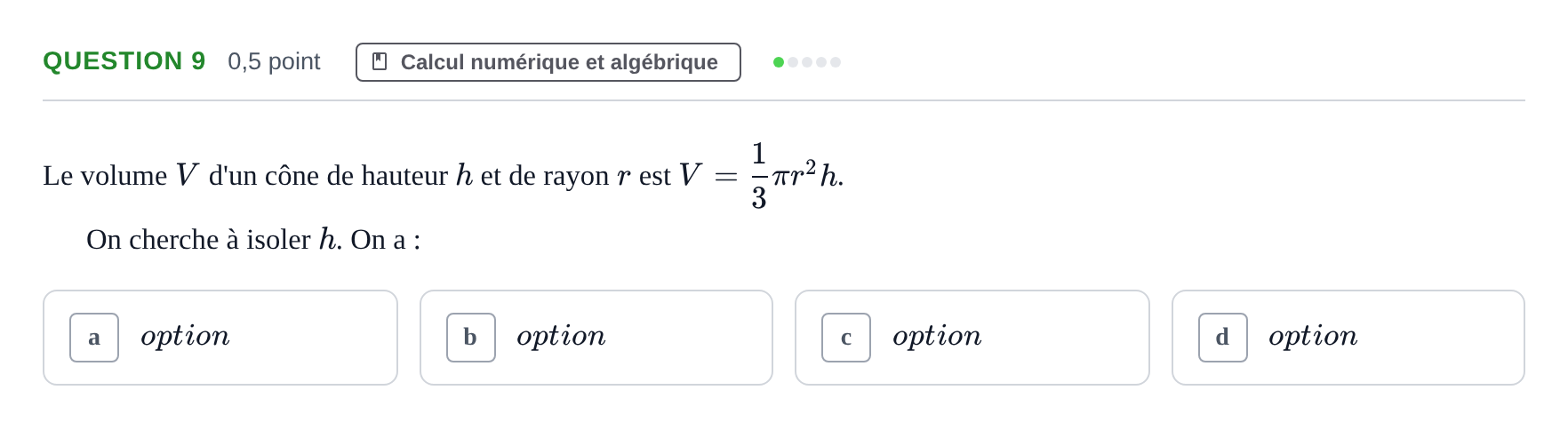 Énoncé: Question 9 · Bac Épreuve anticipée de mathématiques (sans spécialité) Sujets zéro et spécimens sujet 2026 (sujet 2)
