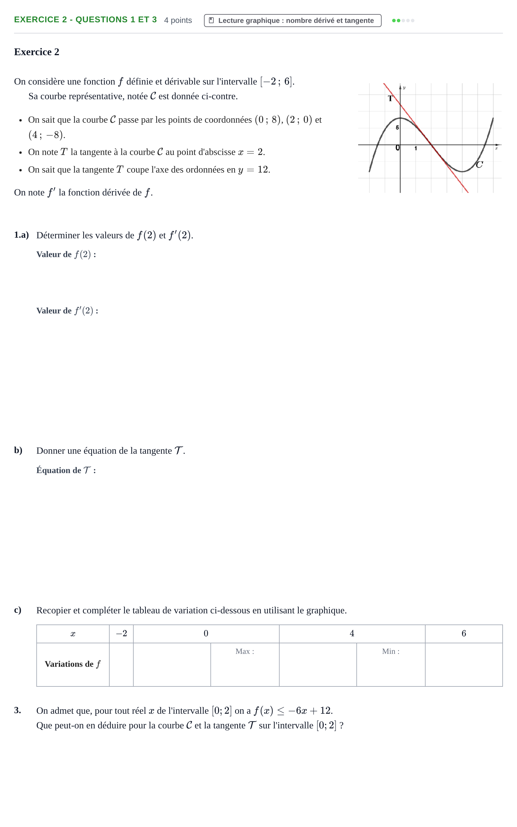 Énoncé: Exercice 2 - Questions 1 et 3 · Bac STMG Épreuve anticipée de mathématiques Sujets zéro et spécimens sujet 2026 (sujet 1)