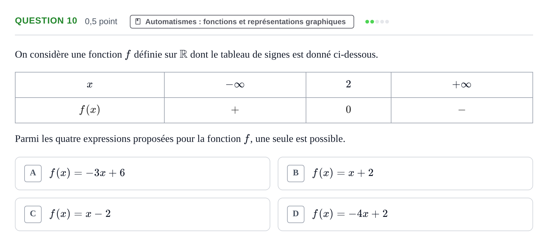 Énoncé: Question 10 · Bac STMG Épreuve anticipée de mathématiques Sujets zéro et spécimens sujet 2026 (sujet 1)